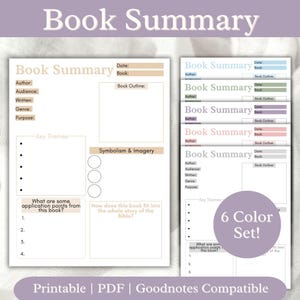May include: A printable PDF book summary template with sections for author, audience, and key themes. The design includes space for a book outline, symbolism, and application points. The image also shows a 6-colour set.