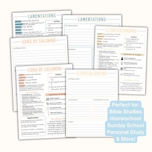 May include: A collection of printed Bible study worksheets featuring headers for Lamentations, Song of Solomon, and 2 Thessalonians. The pages include sections for author, audience, genre, purpose, outlines, key themes, and lined observation areas.