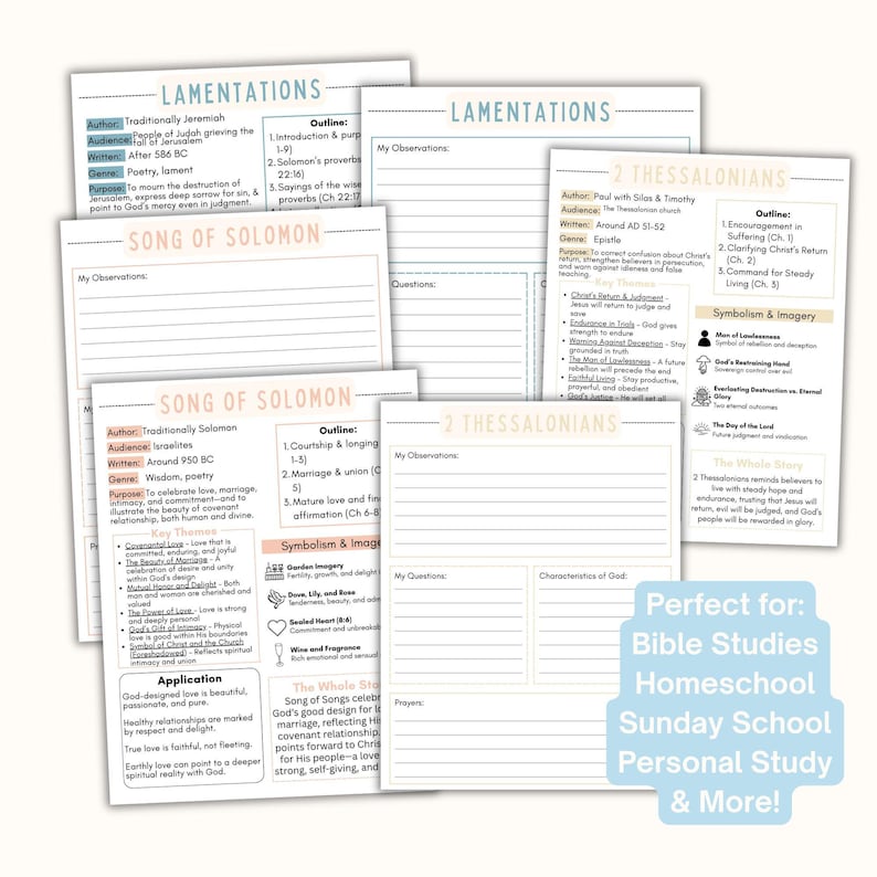May include: A collection of printed Bible study worksheets featuring headers for Lamentations, Song of Solomon, and 2 Thessalonians. The pages include sections for author, audience, genre, purpose, outlines, key themes, and lined observation areas.
