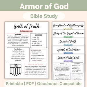 May include: A printable Bible study guide titled "Armor of God" with sections on the "Belt of Truth," "Breastplate of Righteousness," and other spiritual concepts. The guide includes scripture references and symbolism explanations.