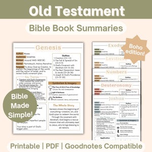 Peut inclure: Un résumé imprimable des livres de la Bible en édition Boho. Le résumé comprend des plans, des thèmes clés, du symbolisme et des images pour la Genèse, l'Exode, le Lévitique, les Nombres, le Deutéronome et Josué. Le texte est dans un format clair et facile à lire.