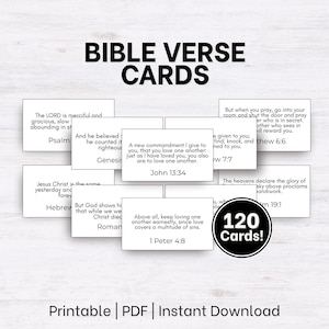 May include: A collection of white rectangular Bible verse cards featuring black printed text. The cards display various scriptures including John 13:34 and 1 Peter 4:8. A circular black badge on the right side states 120 Cards! in white text.