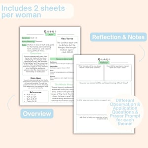 May include: Two-page study guide with the title "Naomi" featuring text and fill-in sections. The guide includes an overview, key verse, lessons learned, and reflection questions. The text is in black and green.