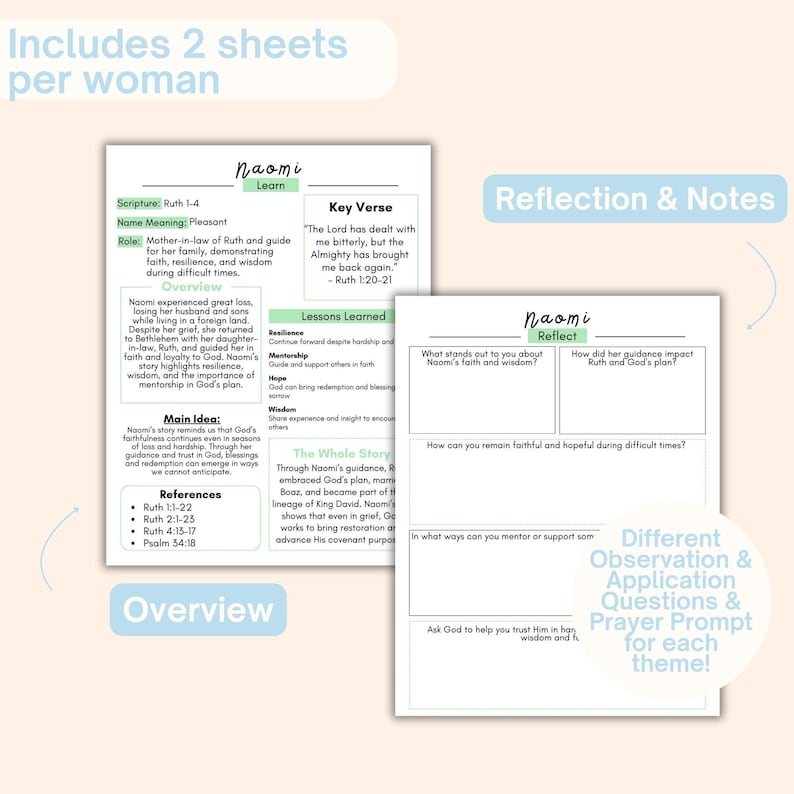 May include: Two-page study guide with the title "Naomi" featuring text and fill-in sections. The guide includes an overview, key verse, lessons learned, and reflection questions. The text is in black and green.