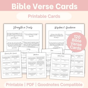 以下が含まれることがあります： 「試練における強さ」や「知恵と導き」などのテーマを持つ、印刷可能な聖書の詩のカードのコレクション。カードには、インスピレーションを与える引用句と聖書の参照が含まれています。画像には「120 Bible Verse Cards」というテキストも含まれています。