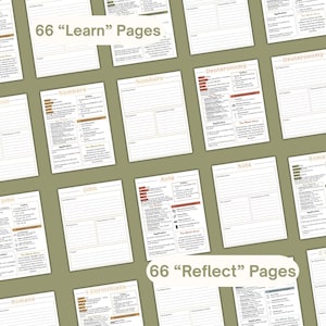 May include: A collection of Bible study worksheets featuring headers for books like Numbers, Deuteronomy, John, Acts, and Romans. The pages include sections for observations, questions, and characteristics of God, with text overlays stating 66 Learn Pages and 66 Reflect Pages.