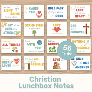 May include: A set of 56 rectangular cards featuring colourful Christian-themed illustrations and inspirational text such as Let your LIGHT SHINE, GOD CARES FOR YOU, HOLD FAST to what is GOOD, and TRUST IN THE LORD with all your HEART.