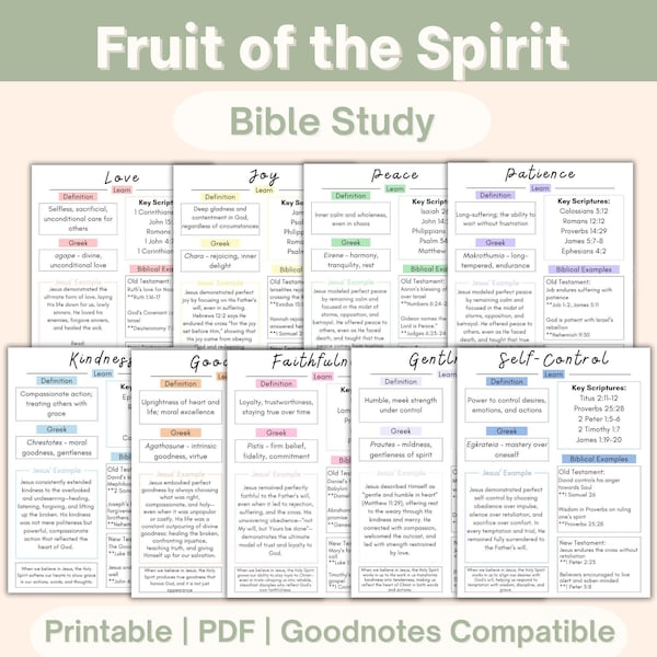 Estudio bíblico del fruto del Espíritu, PDF imprimible, Hojas de trabajo del fruto del Espíritu para adultos y adolescentes, Paquete de estudio bíblico colorido, Reflexión