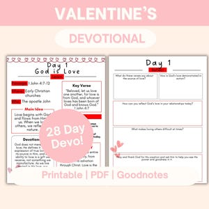 Pode incluir: Um devocional rosa e branco do Dia dos Namorados com o texto "Valentine's Devotional". As páginas incluem perguntas para reflexão sobre o amor, com o texto "Day 1 God is Love" e "28 Day Devo!". O devocional está disponível como PDF para impressão.