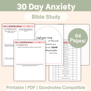Könnte beinhalten: Ein druckbarer 30-Tage-Angst-Bibelstudienführer mit dem Text "30 Day Anxiety Bible Study". Die Seiten enthalten Aufforderungen zur Reflexion, Bibelverse und den Text "Cast your cares on the Lord". Der Leitfaden umfasst 64 Seiten und ist mit Goodnotes kompatibel.