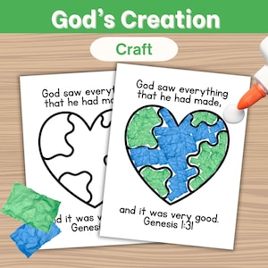 Puede incluir: Dos hojas de papel blanco con un contorno de la tierra en forma de corazón y el texto God saw everything that he had made, and it was very good. Genesis 1:31. Una hoja está rellena con trozos de papel seda verde y azul arrugados.