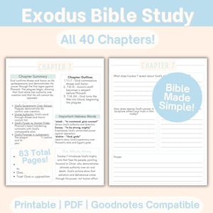 以下が含まれることがあります： 「Exodus Bible Study」と「All 40 Chapters！」のテキストが特徴の、出エジプト記のデジタル聖書研究ガイド。ガイドには、章の概要、アウトライン、重要なヘブライ語が含まれています。デザインは水色と白で、「Bible Made Simple！」のテキストが特徴です。