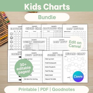 May include: A bundle of printable kids charts with various templates, including chore charts, daily routines, and reward charts. The charts are in black and white with editable sections and the text "Kids Charts Bundle".