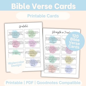 May include: Two printable Bible verse cards with the words "Grateful" and "Strength in Trial" on them. The cards have a watercolor design and include various Bible verses. A blue circle indicates "120 Bible Verse Cards."