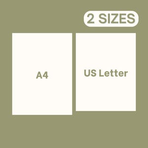 May include: Two white rectangular paper sheets displayed against an olive green background. The left sheet is labeled A4 and the right sheet is labeled US Letter. A white rounded rectangular badge at the top reads 2 SIZES in dark text.