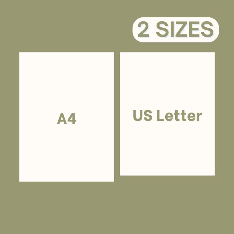 May include: Two white rectangular paper sheets displayed against an olive green background. The left sheet is labeled A4 and the right sheet is labeled US Letter. A white rounded rectangular badge at the top reads 2 SIZES in dark text.