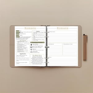 May include: A beige ring binder open to a two-page study guide on the Book of Romans. The left page details themes, outline, and application. The right page features lined sections for observations, questions, characteristics of God, and prayers.