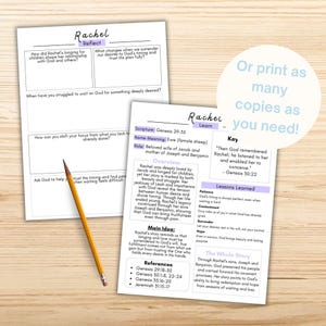 May include: Two printed worksheets with the title "Rachel" and a pencil. One worksheet has questions about Rachel's life. The other worksheet has information about Rachel's story, including scripture references and key lessons.