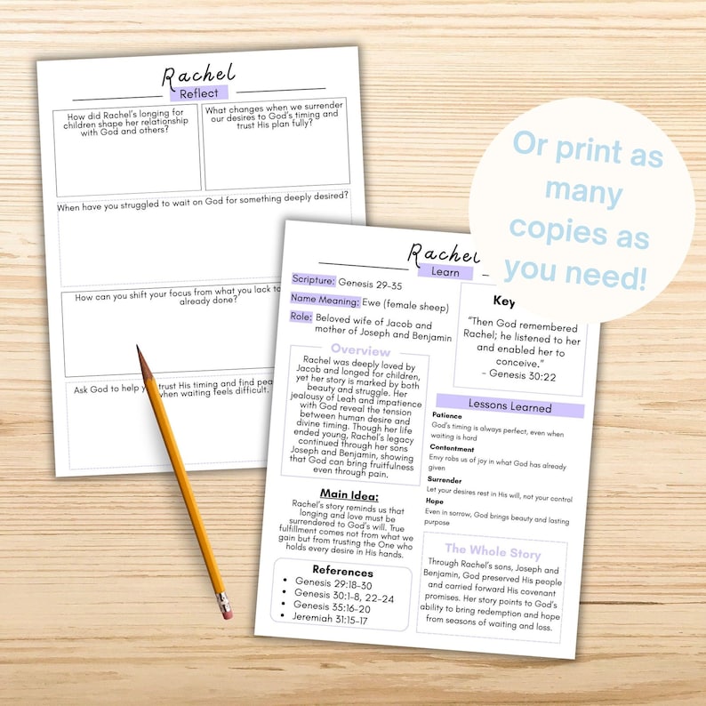 May include: Two printed worksheets with the title "Rachel" and a pencil. One worksheet has questions about Rachel's life. The other worksheet has information about Rachel's story, including scripture references and key lessons.