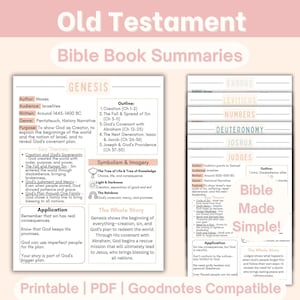 Op de afbeelding: Een afdrukbaar PDF-document met samenvattingen van de boeken van het Oude Testament van de Bijbel, waaronder Genesis en Exodus. De samenvattingen bevatten overzichten, belangrijke thema's en toepassingen, met een roze en wit kleurenschema.