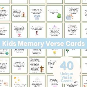 Puede incluir: Un conjunto de 40 tarjetas de versículos de memoria para niños con versículos bíblicos únicos. Cada tarjeta presenta un versículo con un borde decorativo y una pequeña ilustración. El texto "Kids Memory Verse Cards" es visible.