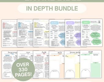 Bible Study Bundle In Depth Study Guide, Entire Bible Book Summary, Prayer Journal,  One Year Bible Cheat Sheets, SOAP Method Bible Workbook