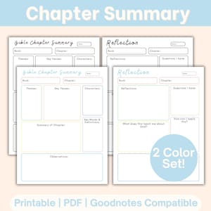 May include: Two printable Bible study pages with the text "Chapter Summary" and "Reflection". The pages have sections for notes on the book, chapter, themes, key verses, and characters. The text "2 Color Set!" is also visible.