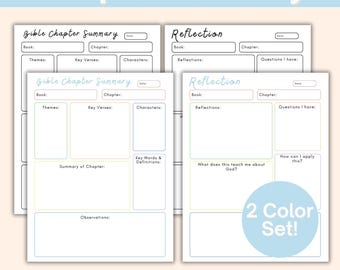 Könnte beinhalten: Zwei druckbare Bibelstudienseiten mit dem Text "Chapter Summary" und "Reflection". Die Seiten haben Abschnitte für Notizen zu Buch, Kapitel, Themen, Schlüsselversen und Charakteren. Der Text "2 Color Set!" ist ebenfalls sichtbar.