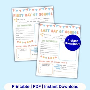 Puede incluir: Dos hojas de cuestionario escolar imprimibles con banderines, estrellas y círculos en tonos pastel. Una hoja se titula First Day of School y la otra Last Day of School. Ambas incluyen líneas en blanco para datos personales y metas.