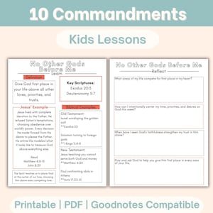 May include: A printable PDF lesson plan for kids about the Ten Commandments. The lesson includes definitions, key scriptures, biblical examples, and reflection questions. The design is in shades of white, pink, and teal.