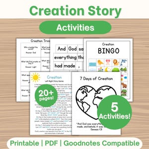 May include: A collection of printable activity sheets titled Creation Story Activities, featuring a Creation Trivia page, a Creation BINGO card with colorful icons, a Left Right Story Game, and a 7 Days of Creation coloring page with a heart-shaped earth.