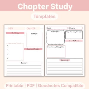 May include: Two white paper templates for chapter study with pink accents. The left sheet includes sections for Book, Chapter, God Notice, Highlights, Key Verses/Words, Questions/Thoughts, and Summary. The right sheet features Book, Chapter, Highlights, Key People/Words, God Notice, Questions/Thoughts, and Summary.