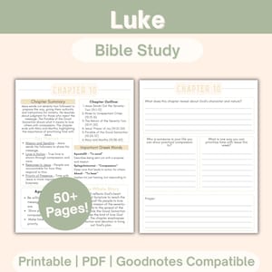 Może przedstawiać: Drukowany przewodnik do studiowania Biblii dla Łukasza, Rozdział 10, z tekstem "Luke Bible Study" na górze. Przewodnik zawiera streszczenia rozdziałów, konspekty i miejsce na notatki. Tekst "50+ Pages!" znajduje się w zielonym okręgu. Na dole widnieje napis "Printable | PDF | Goodnotes Compatible".