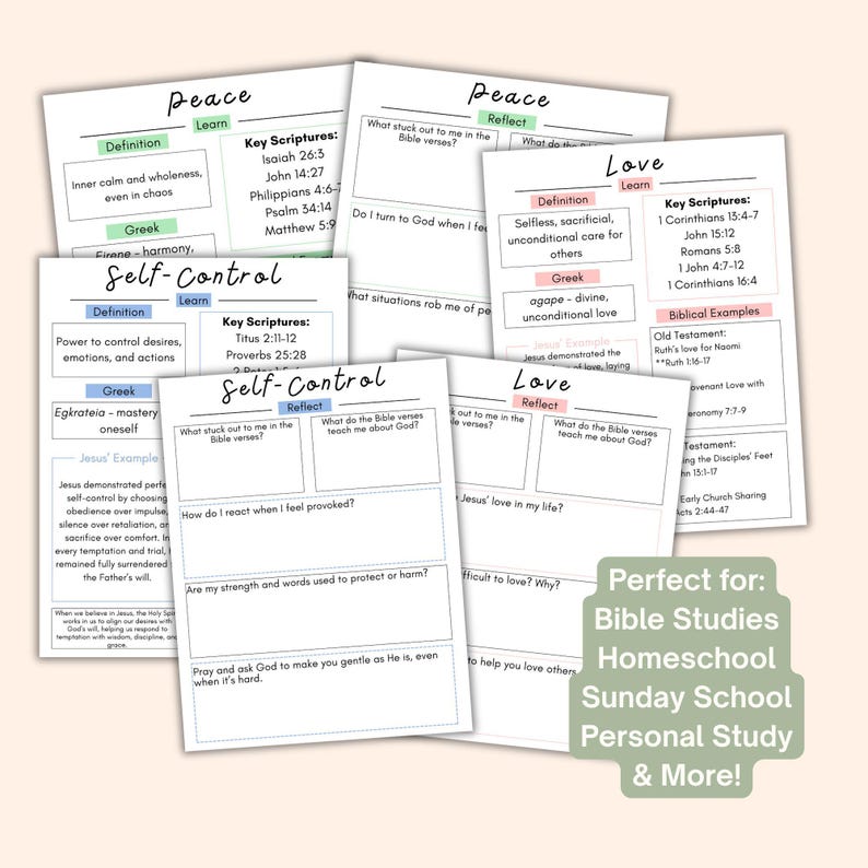May include: A collection of printable Bible study worksheets with headings like "Peace", "Self-Control", and "Love". Each sheet includes sections for definitions, key scriptures, and reflection prompts. The worksheets are designed for personal study and group settings.