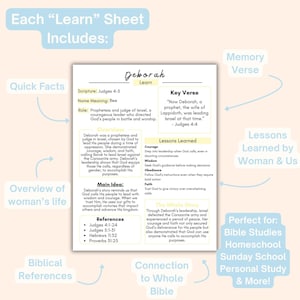 May include: A light blue and white educational sheet titled "Deborah Learn" with text and graphics. It includes sections on scripture, key verses, lessons learned, and biblical references. The sheet is designed for Bible studies and personal study.