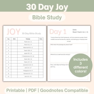 Puede incluir: Un estudio bíblico digital imprimible de 30 días sobre la alegría en formato PDF. El diseño presenta una paleta de colores suaves e incluye indicaciones y espacio para notas. El texto dice "¡Incluye 3 colores diferentes!"