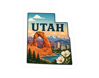 Pegatina de vinilo troquelada del estado de Utah / Diseño de montaña con mapa de Utah