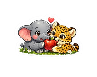 Elephant and Cheetah Sharing Apple Stickers | Kiss-Cut Sticker