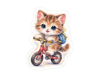Kitten on Bike Sticker | Color Pencil Illustration, Cat Decal