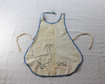 Vintage 1920's -30's handmade and embroidered child's apron, Geese and gosling motif antique baby apron