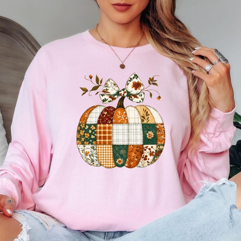 Patchwork Kürbis Langarm Shirt - Halloween Herbst Quilt Design Light Pink