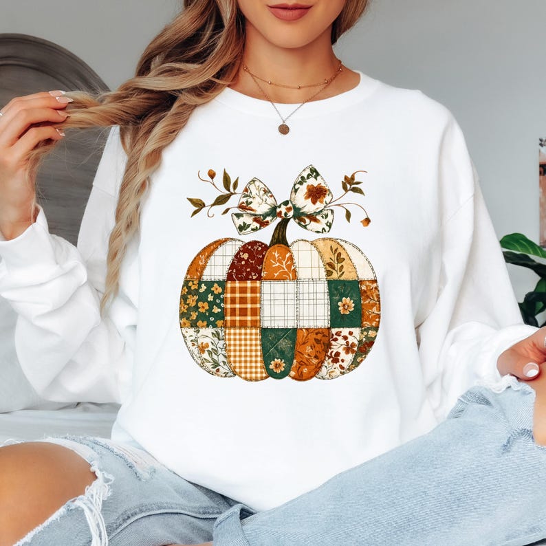 Patchwork Kürbis Langarm Shirt - Halloween Herbst Quilt Design White