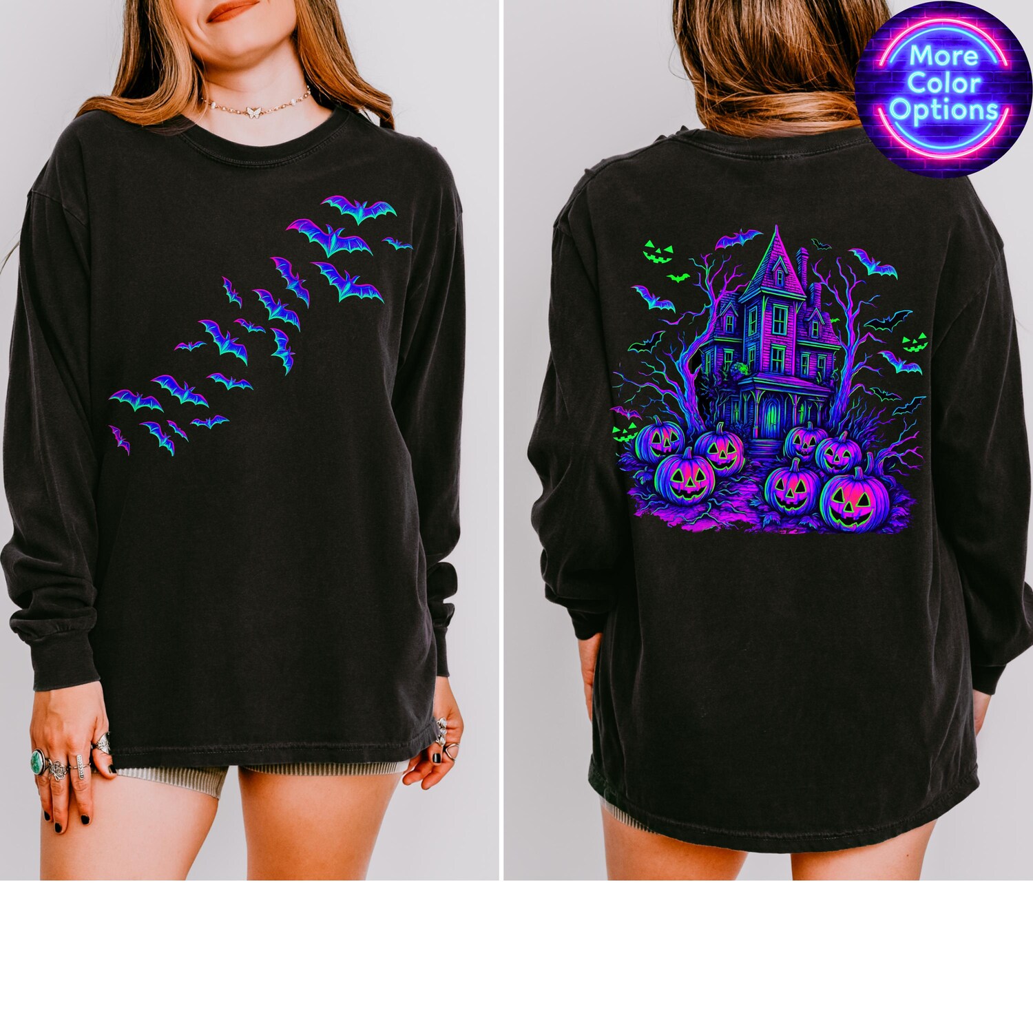 Comfort Colors Haunted House Long Sleeve Shirt: Retro Halloween Bats