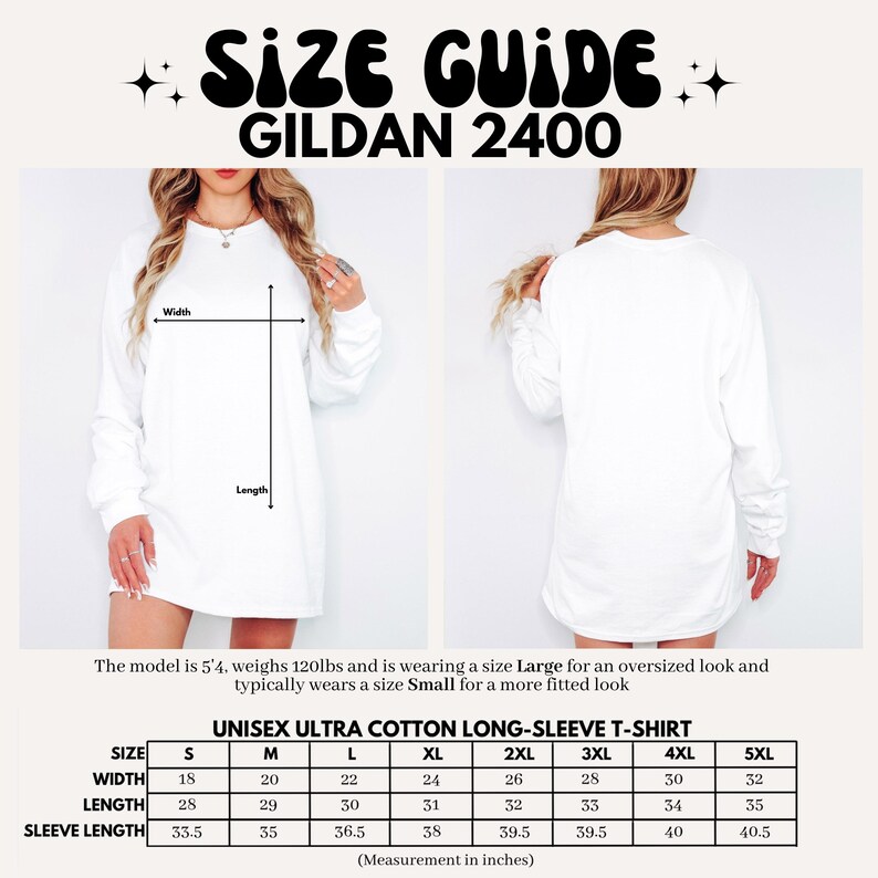 K&ouml;nnte beinhalten: Gr&ouml;&szlig;entabelle f&uuml;r wei&szlig;es Unisex-Langarm-T-Shirt mit dem Text "SIZE GUIDE GILDAN 2400". Die Gr&ouml;&szlig;entabelle zeigt die Ma&szlig;e in Zoll f&uuml;r Breite, L&auml;nge und &Auml;rmell&auml;nge, von Gr&ouml;&szlig;e S bis 5XL.