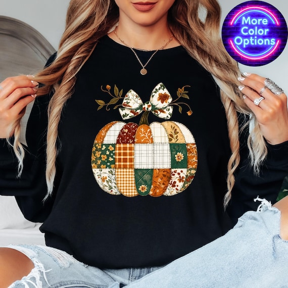 Patchwork Pumpkin Long Sleeve Shirt - Halloween Autumn Quilt Design