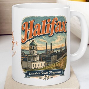 Mug Halifax Nova Scotia Vintage Travel Mug, Town Clock Compass Coordinates Souvenir