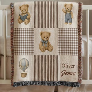 Personalized Teddy Bear Blanket, Custom Woven Baby Boy Blanket, Teddy Bear Nursery Decor, Gingham Patchwork Name Blanket, Baby Shower Gift