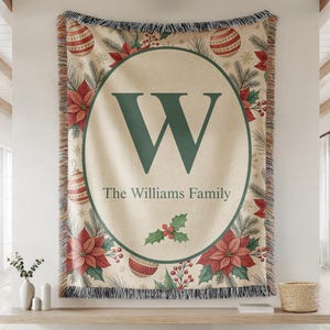Personalized Family Name Christmas Woven Blanket, Vintage Poinsettia Throw, Custom Monogram Gift for Parents