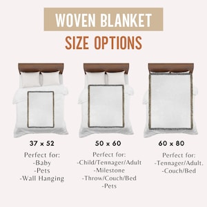May include: Image shows three woven blankets on beds, each with different dimensions: 37 x 52 inches, 50 x 60 inches, and 60 x 80 inches. The text "WOVEN BLANKET SIZE OPTIONS" is at the top. Each blanket is white with a patterned border.