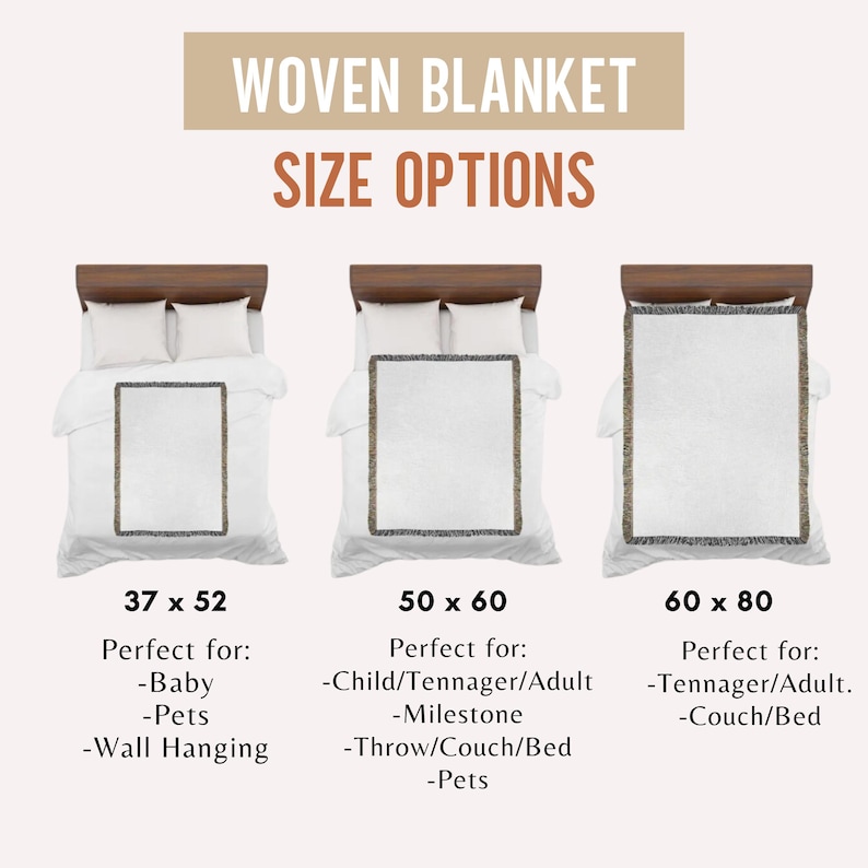 May include: Image shows three woven blankets on beds, each with different dimensions: 37 x 52 inches, 50 x 60 inches, and 60 x 80 inches. The text "WOVEN BLANKET SIZE OPTIONS" is at the top. Each blanket is white with a patterned border.